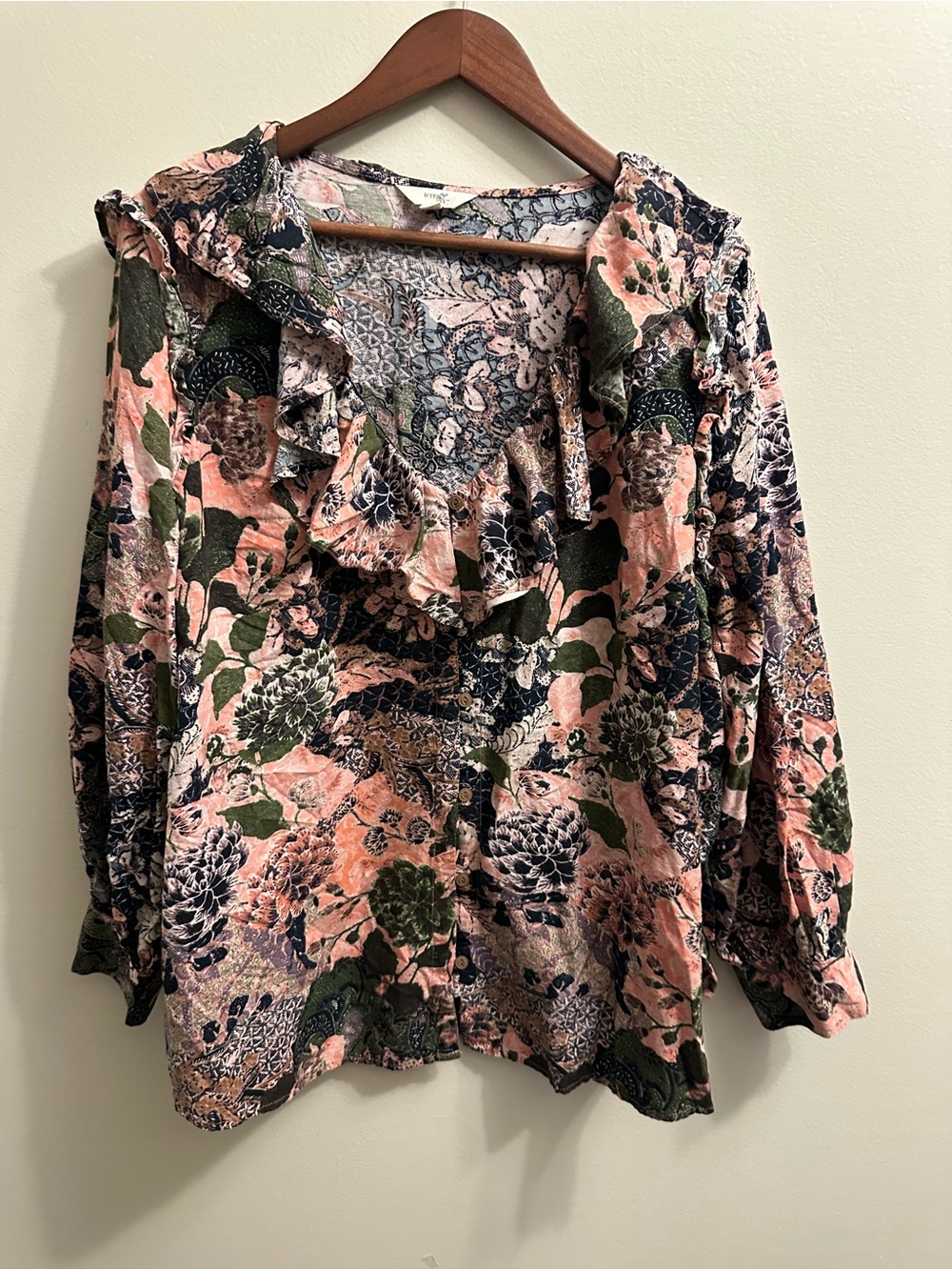Terra & Sky Pink Floral Ruffle V-Neck Blouse with Green Accents